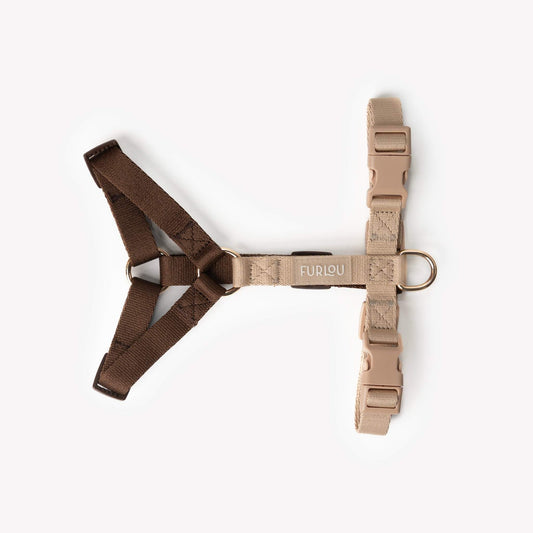 Brown and tan adjustable dog harness with gold hardware and color-matching buckles