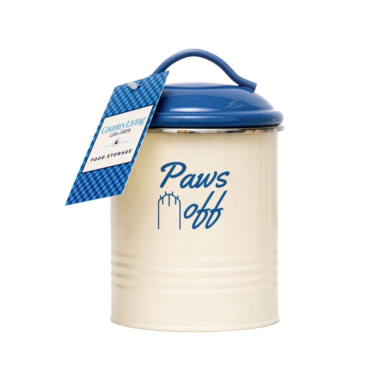Set of three cream pet treat canisters with French blue lids featuring "Love," "Treats," and "Paws Off" messages and airtight seals