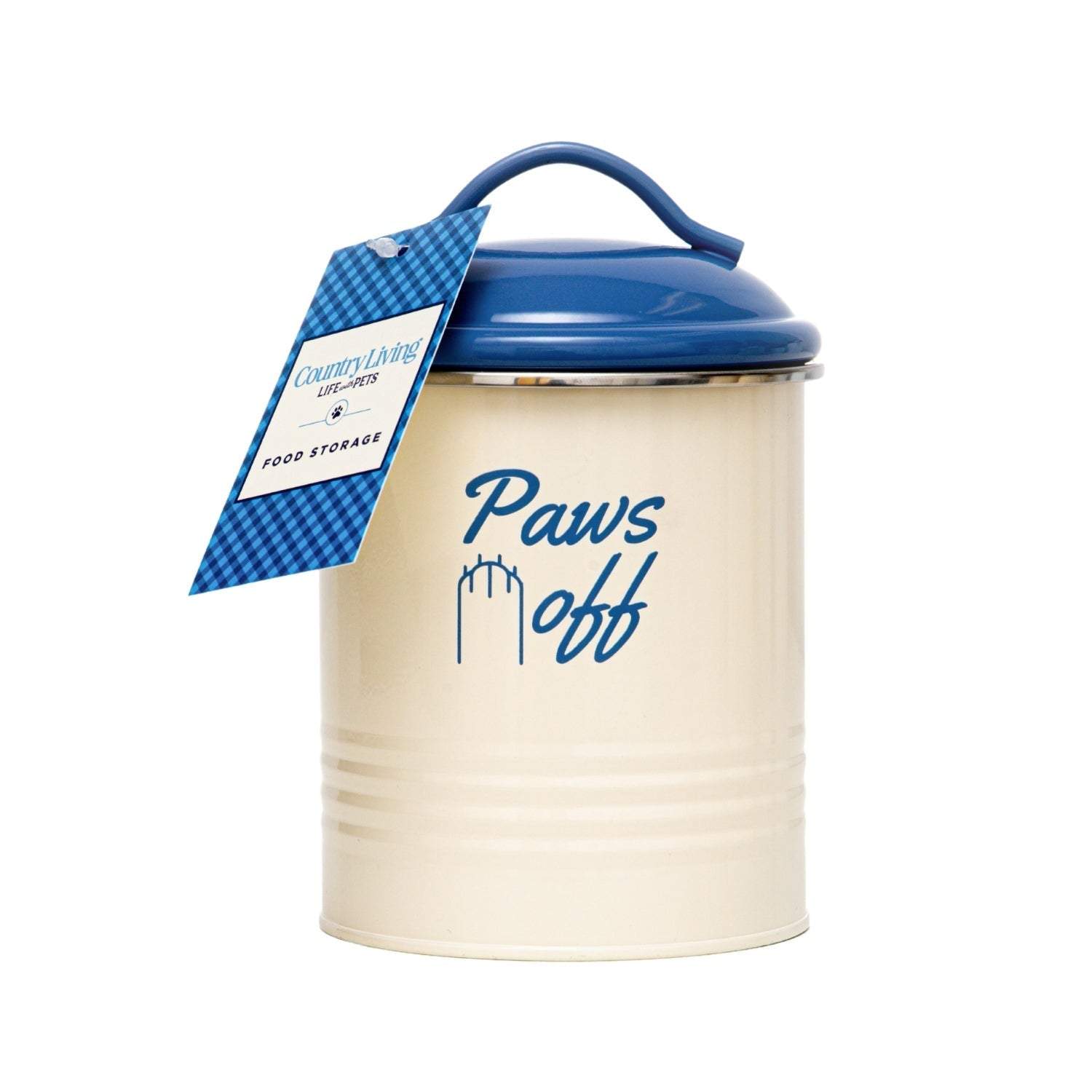 Set of three cream pet treat canisters with French blue lids featuring "Love," "Treats," and "Paws Off" messages and airtight seals