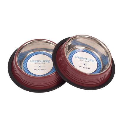 Country Living Set of 2 Merlot Red Ribbed Non-Slip Stainless Steel Pet Bowls with Rubber Base