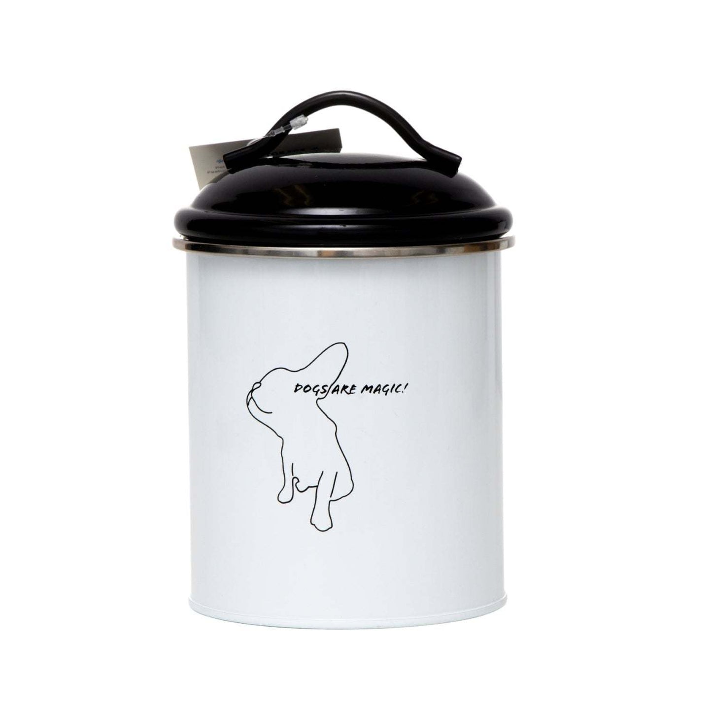 Black and white pet treat storage canister with dog silhouette and "Dogs are Magic!" text