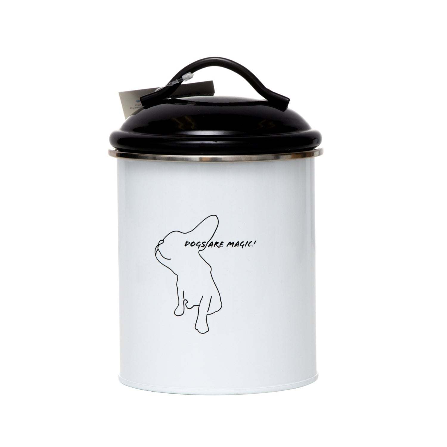 Black and white pet treat storage canister with dog silhouette and "Dogs are Magic!" text