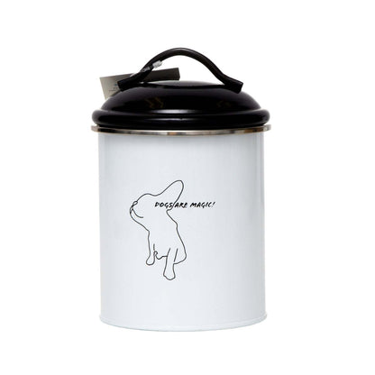 Black and white pet treat storage canister with dog silhouette and "Dogs are Magic!" text