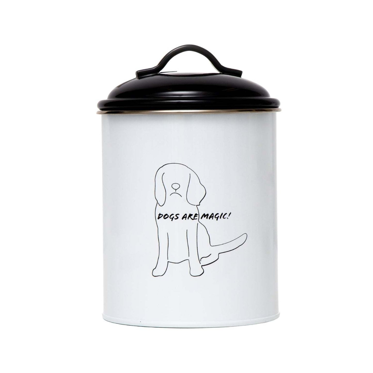 Black and white pet treat storage canister with dog silhouette and airtight lid