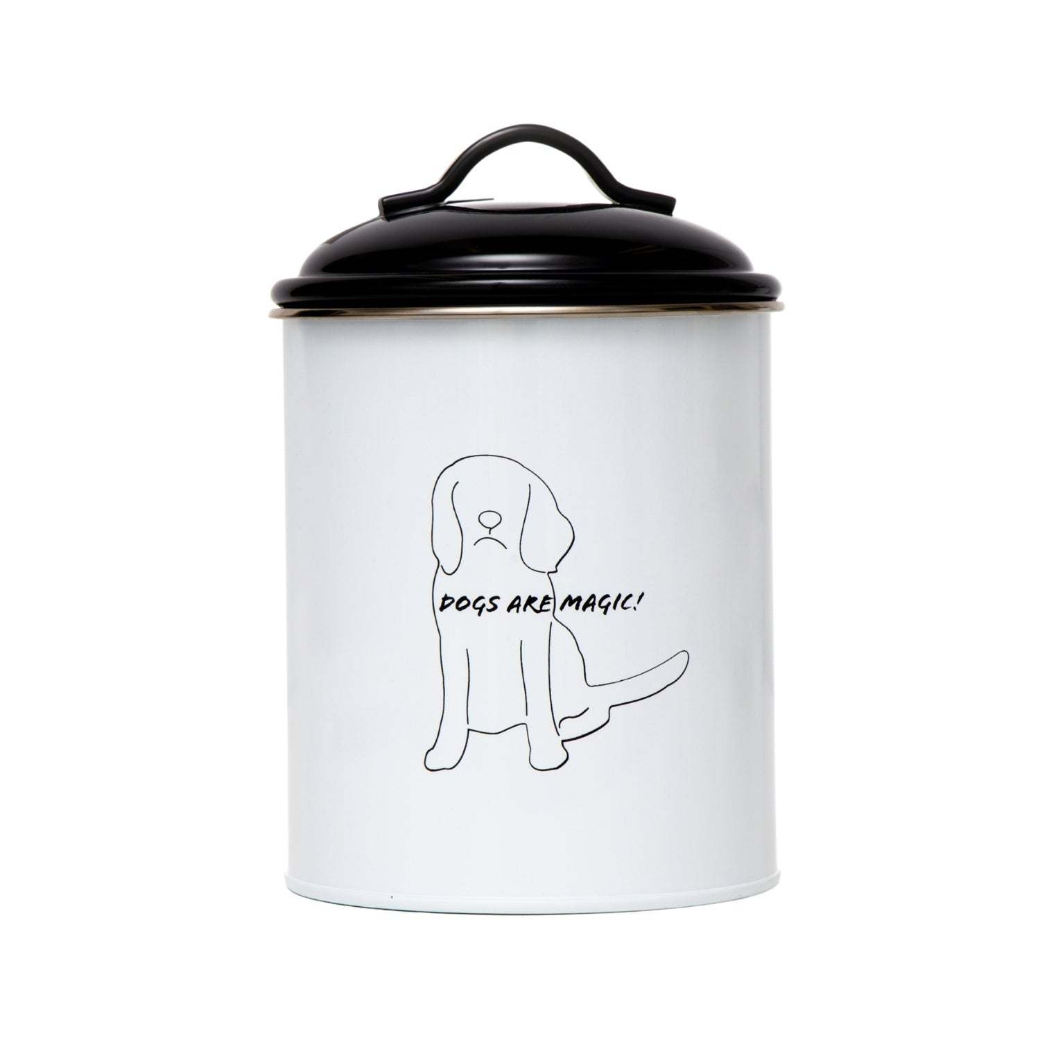 Black and white pet treat storage canister with dog silhouette and airtight lid