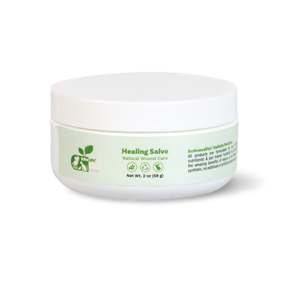 Natural Healing Skin Salve for Pets with organic ingredients in white jar