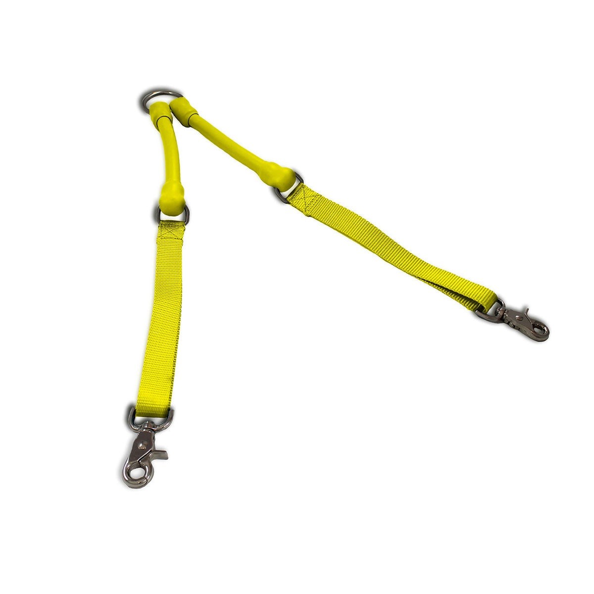 Yellow double dog leash connector with tangle-free design and metal clips for two dogs