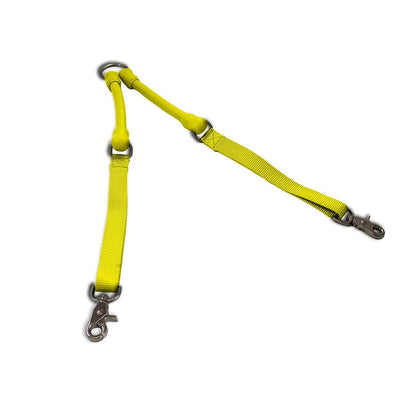 Yellow double dog leash connector with tangle-free design and metal clips for two dogs