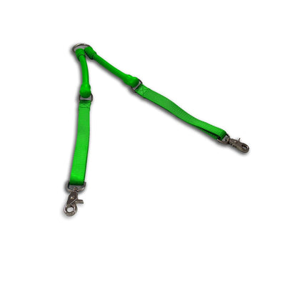 Green durable tangle-free double dog leash connector for walking two dogs easily and safely