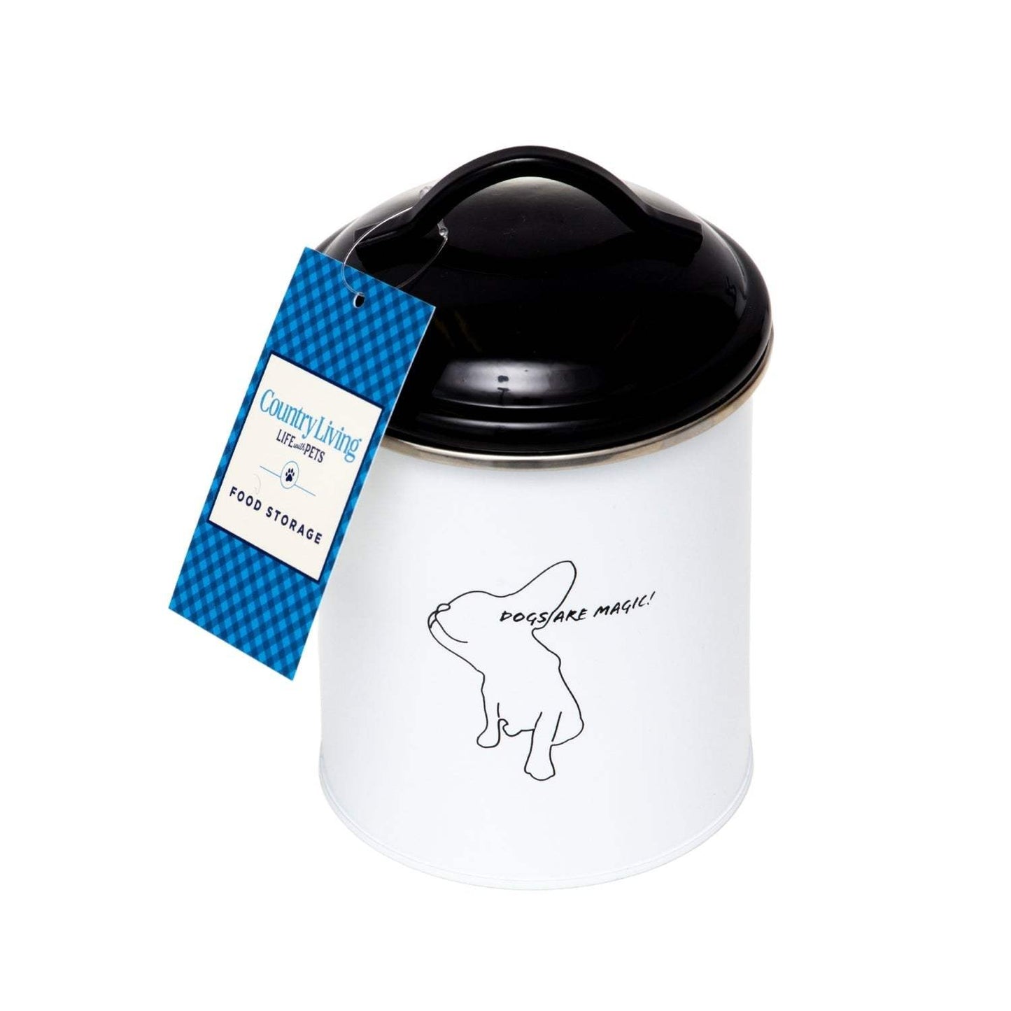 Set of 3 black and white pet treat storage canisters with airtight lids and dog silhouette design