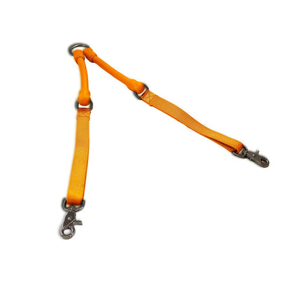 Orange tangle-free double dog leash connector CRAZYcoupl’r for walking two dogs safely and comfortably