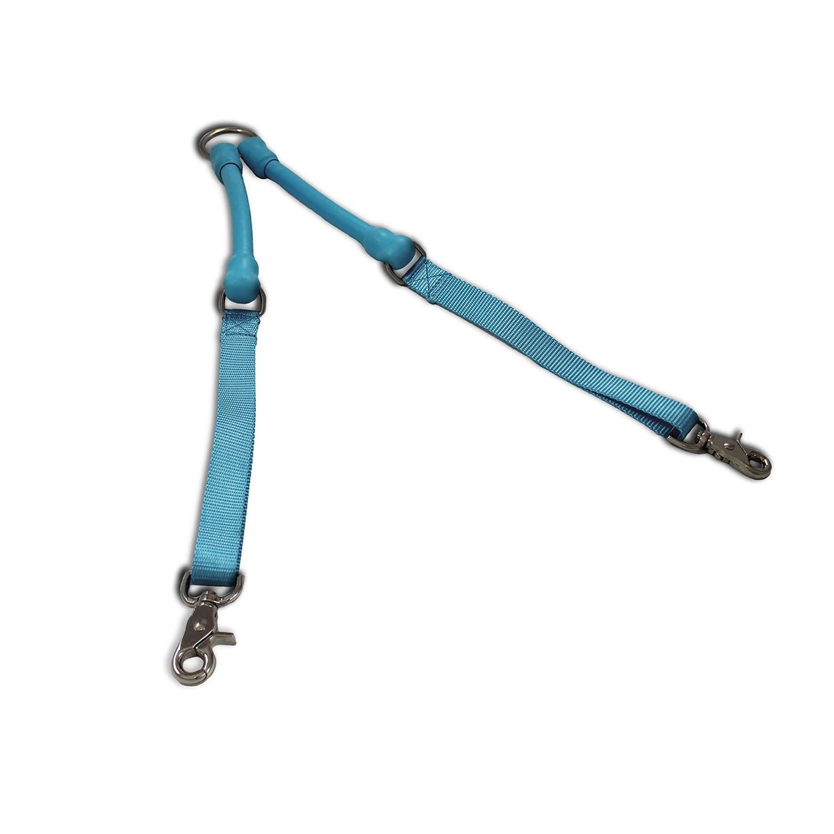 Blue tangle-free double dog leash connector with swivel clasps for two dogs