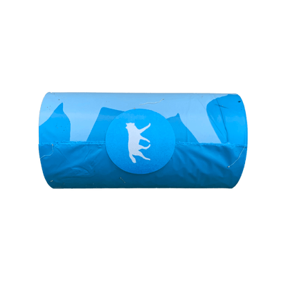 Roll of blue bio-based dog poop bags with white dog silhouette logo