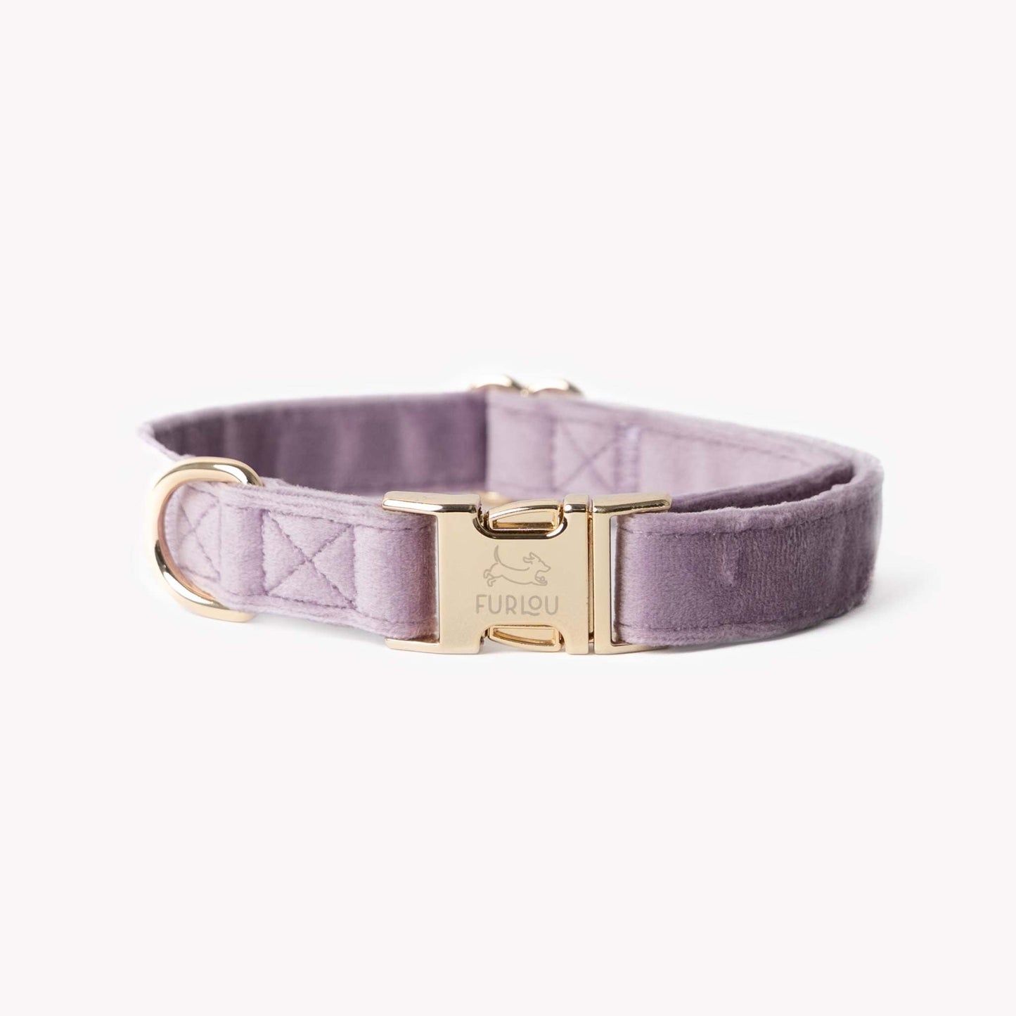Lilac velvet dog collar with gold hardware and soft plush texture