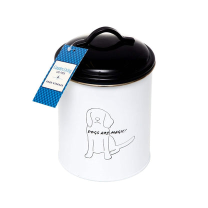 Black and white pet treat storage canister with dog illustration and airtight lid