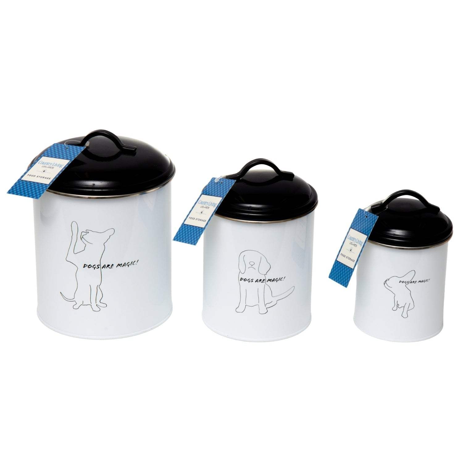 Set of 3 black and white pet treat storage canisters with dog silhouettes and airtight lids