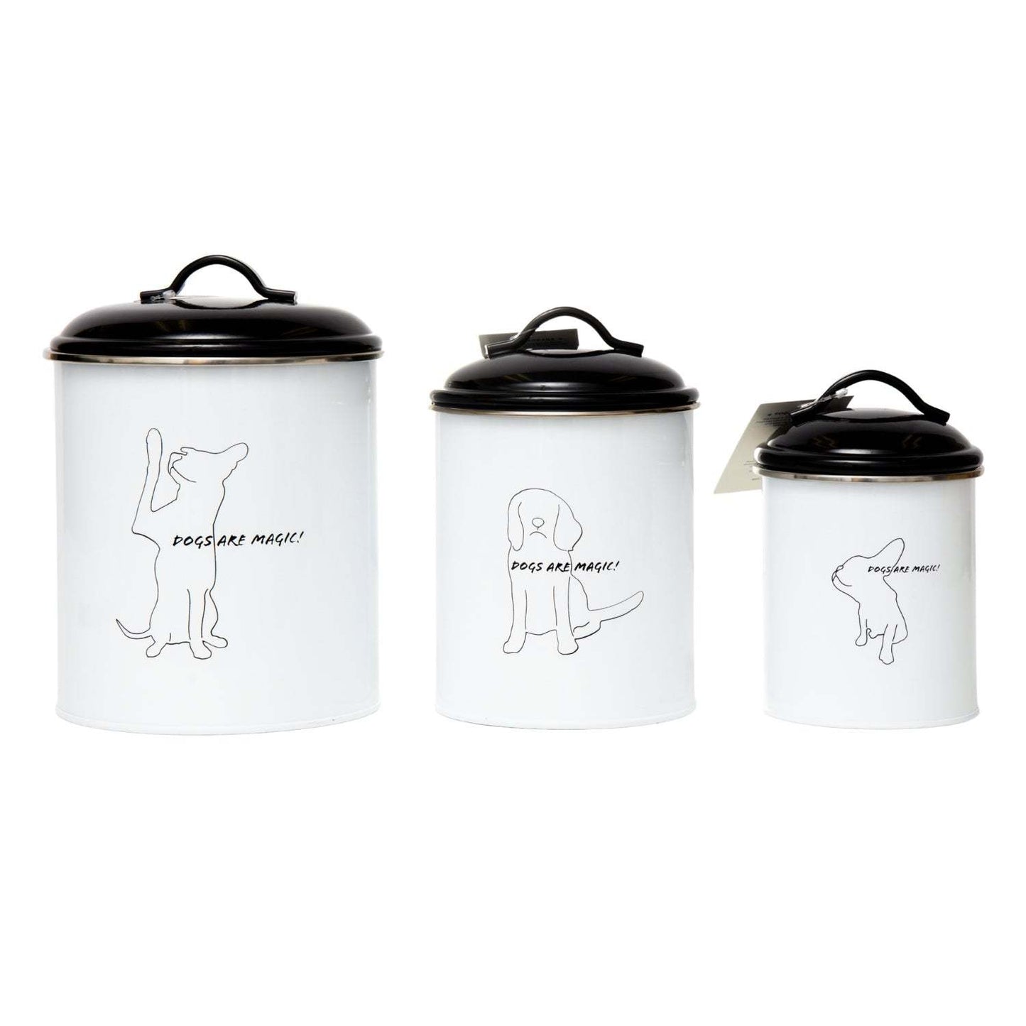 Set of 3 black and white pet treat storage canisters with dog silhouettes and airtight lids
