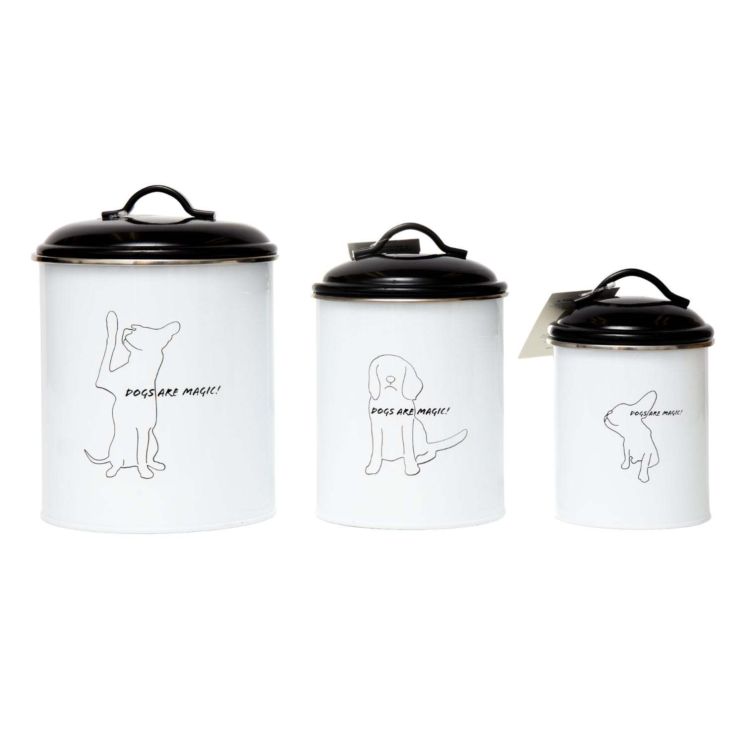 Set of 3 black and white pet treat storage canisters with dog silhouettes and airtight lids
