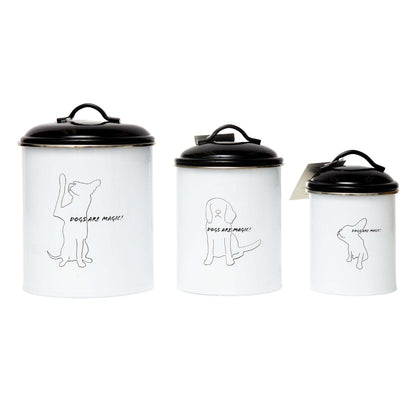 Set of 3 black and white pet treat storage canisters with dog silhouettes and airtight lids