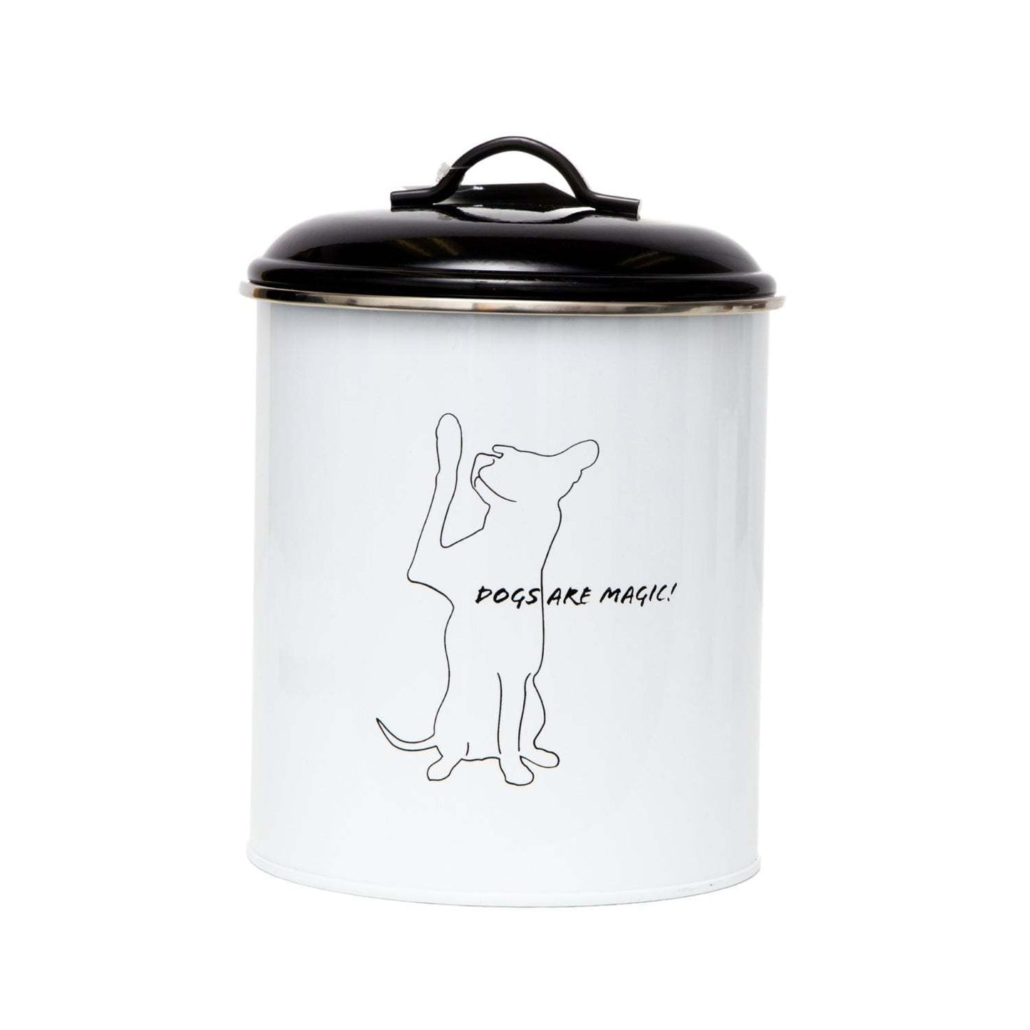 Black and white pet treat storage canister with dog silhouette and airtight lid