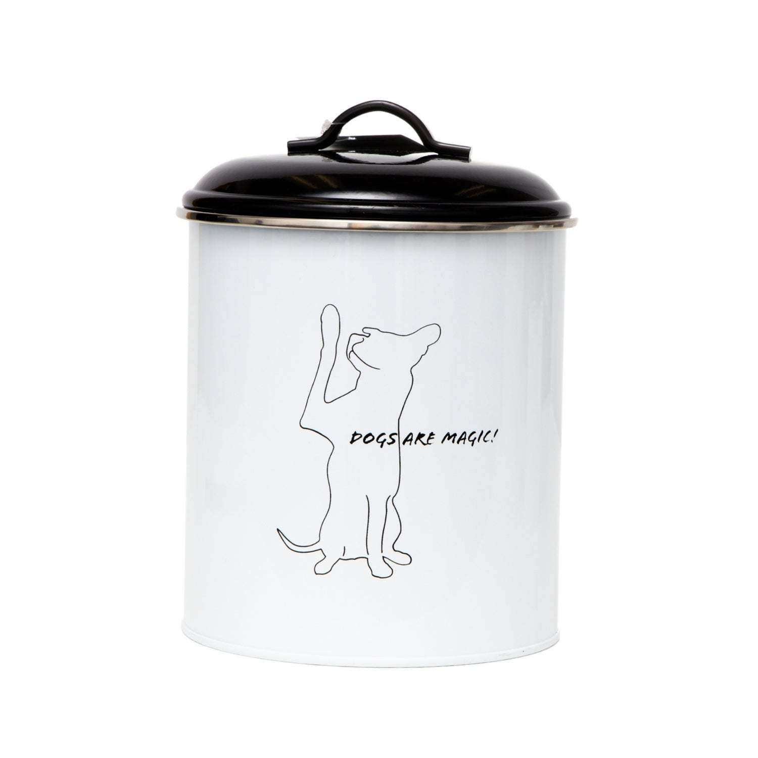 Black and white pet treat storage canister with dog silhouette and airtight lid