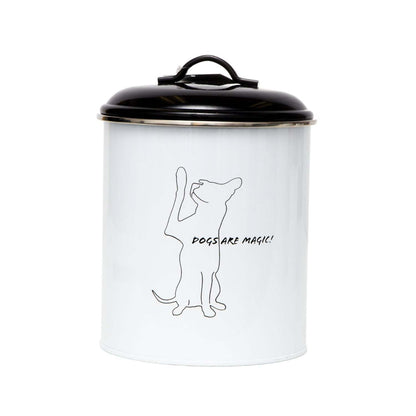 Black and white pet treat storage canister with dog silhouette and airtight lid