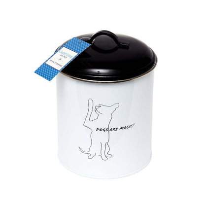 Black and white pet treat storage canister with dog silhouette and airtight lid