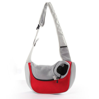 Red and gray breathable mesh pet carrier handbag sling with adjustable shoulder strap for small dogs and cats