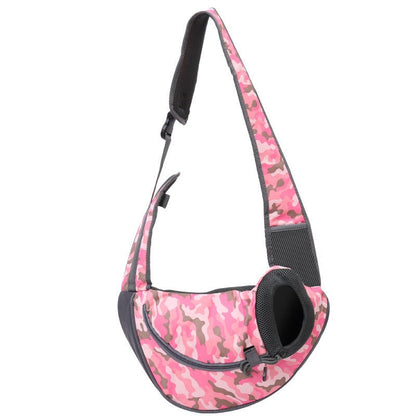 Breathable pink camo pet carrier handbag sling for small dogs and cats with adjustable shoulder strap and mesh ventilation