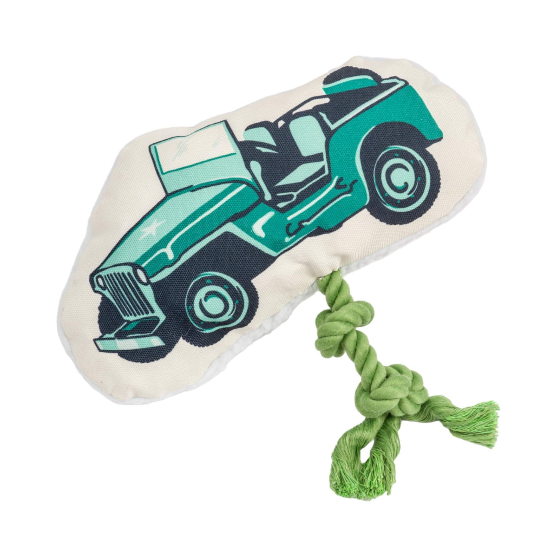 Country Living Retro Army Jeep plush dog toy with squeaker, crinkle paper, and rope tug attachment for medium to large breeds