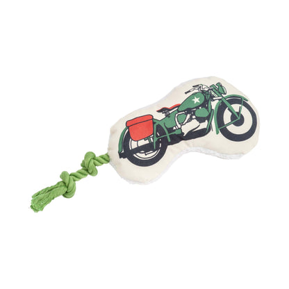 Country Living Retro Army Motorcycle plush dog toy with squeaker, crinkle paper, and green rope for tug-of-war.