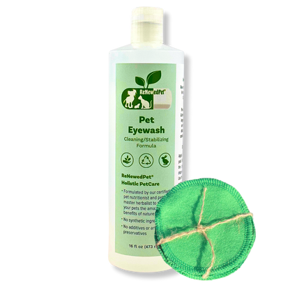 Natural pet eyewash bottle with reusable green cotton pads for cleaning and soothing pet eyes