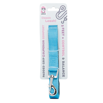 Blue padded grip dog leash made of durable nylon with nickel bolt snap, 5ft length, packaged for retail.