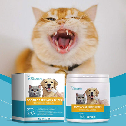 Pet tooth cleaning wipes for dogs and cats with tartar removal and fresh breath care