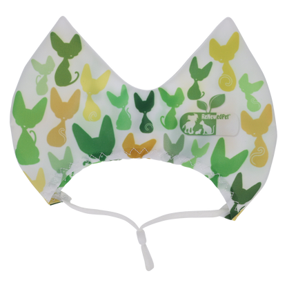 Colorful cat ear-shaped pets shower cap with green and yellow patterns, made from stretchy Lycra, for bath, ear cleaning, and sun protection.