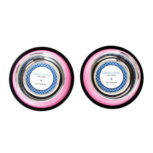 Country Living Set of 2 ribbed non-slip pet bowls in carnation pink with stainless steel interior and removable rubber base rings