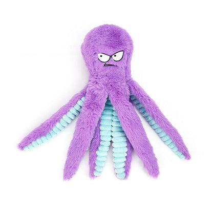 Purple octopus-shaped indestructible plush squeaky dog toy with bite-resistant design
