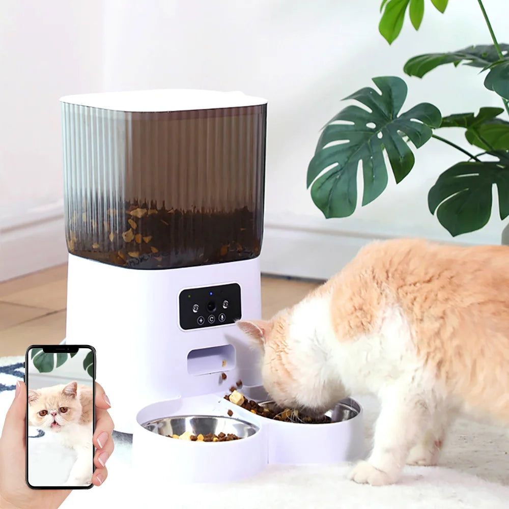 Double Bowls Smart Automatic Cat Feeder with camera and voice recorder dispensing dry food