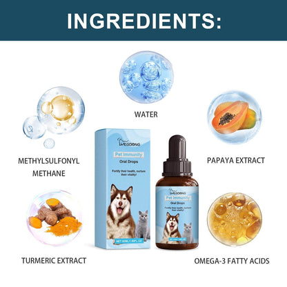 Pet Immune Oral Drops bottle with natural ingredients for cats and dogs immune health