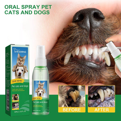 Pet Tooth Deodorizer Spray for cats and dogs with oral cleaning and breath freshening effects.