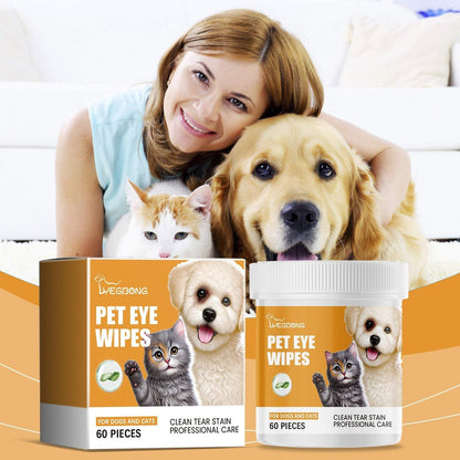 Pet eye wipes for cats and dogs with tear stain cleaning and antioxidant protection, 60 pieces.