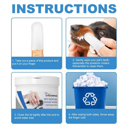 Pet Dental Finger Wipes container with finger wipe for cleaning dog teeth and gums, demonstrating usage instructions.