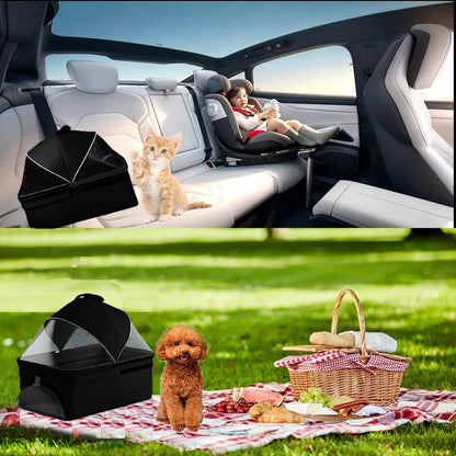 black folding dog cart with sun visor and mesh windows for pets in car and outdoor picnic settings