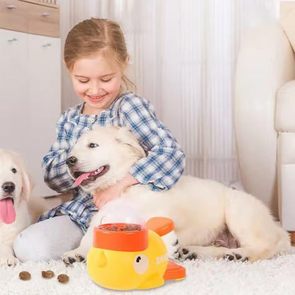 Yellow intelligent cartoon dog automatic feeder with large capacity and pet-pressing function