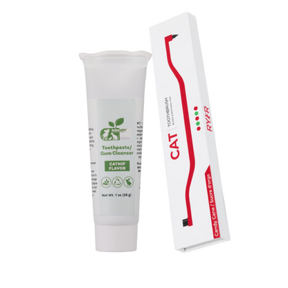Natural pets toothpaste and gum cleanser tube with cat toothbrush in packaging, catnip flavor for dental care