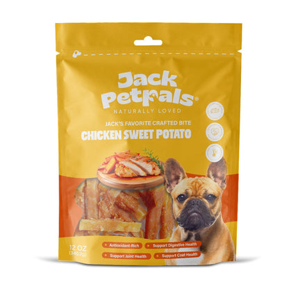 Jack PetPals Crafted Bite Chicken Sweet Potato dog treats in 12oz packaging with healthy ingredients and joint support