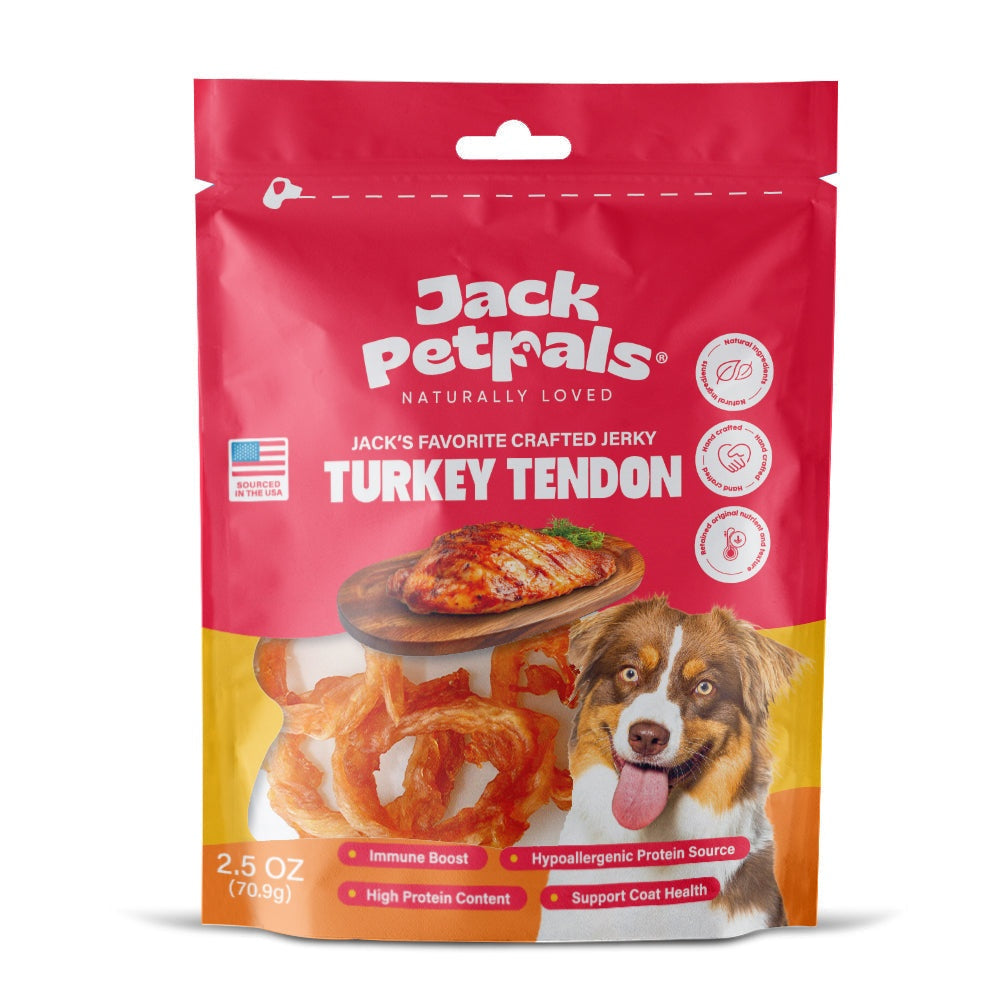Jack PetPals handcrafted turkey tendon dog treats in resealable 2.5oz bag for high protein, immune support, and healthy coat