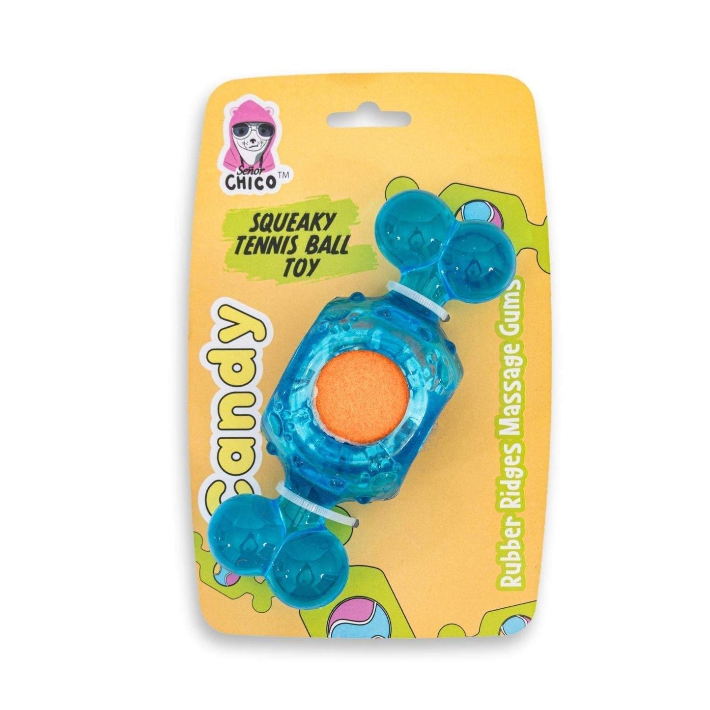 Blue candy-inspired squeaky tennis ball dog chew toy with textured rubber ridges for dental health