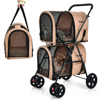 4-in-1 double pet stroller with detachable carriers for cats and small dogs, beige oxford fabric, foldable frame, EVA wheels, and mesh ventilation.
