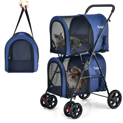 4-in-1 double pet stroller with detachable carriers and travel carriage in beige, foldable frame and EVA wheels
